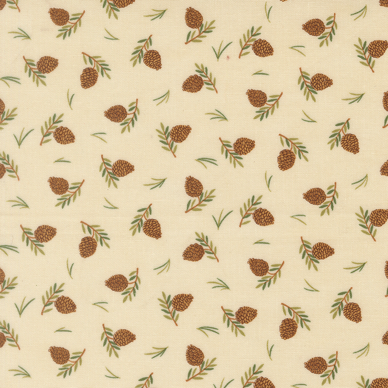 Cream fabric with a tossed pattern of pinecones and leaves.