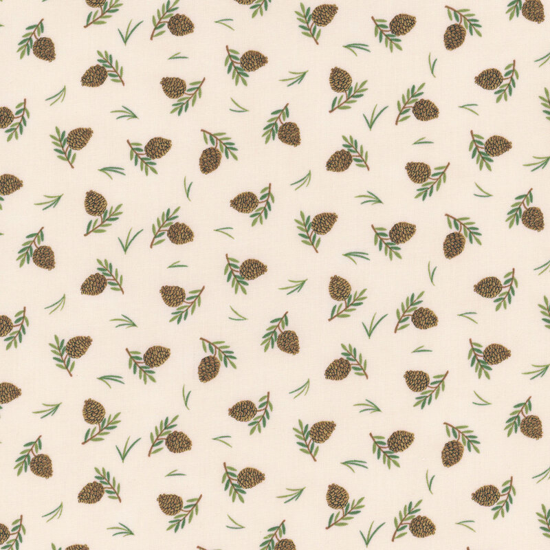 Cream fabric with a tossed pattern of pinecones and leaves.