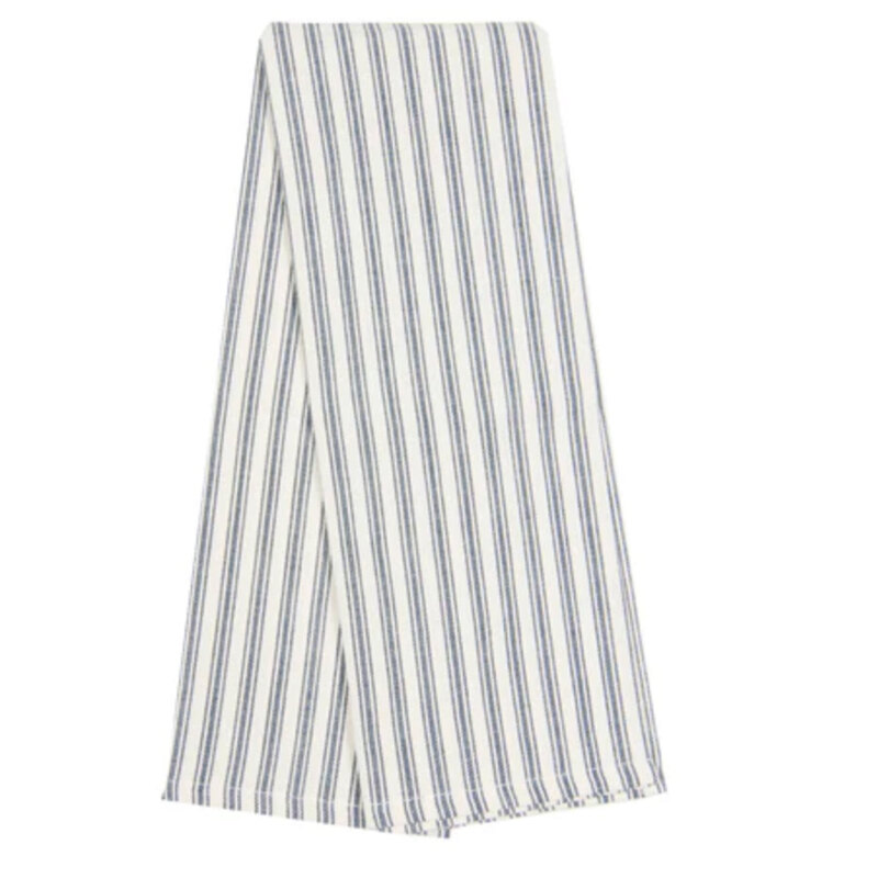The Tea Towel Ticking Stripe Navy hanging and isolated on a white background.