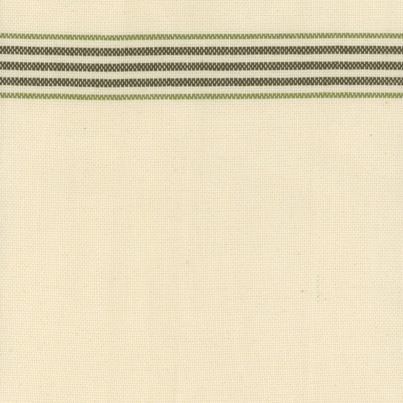 Swatch of the toweling, a natural cream color with dark and light green striping.