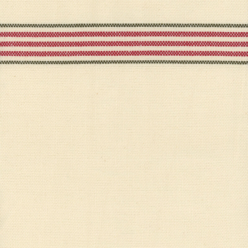 Swatch of the toweling, a natural cream color with red and green striping.