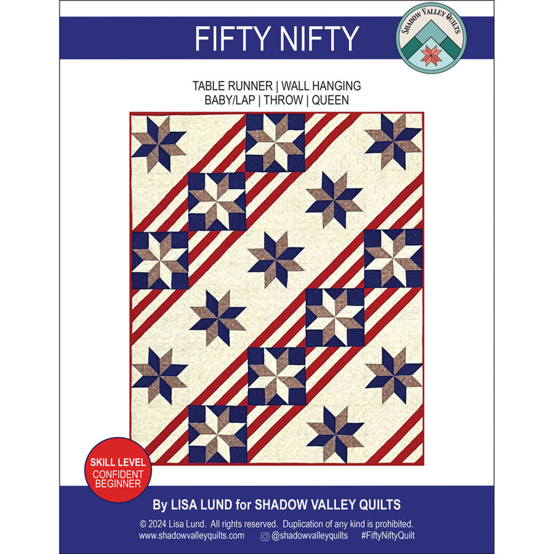 Front of the pattern with an image of the completed Haul Out the Holly quilt isolated on a white background with navy blue banners at the top and bottom with the title of the product and creator information