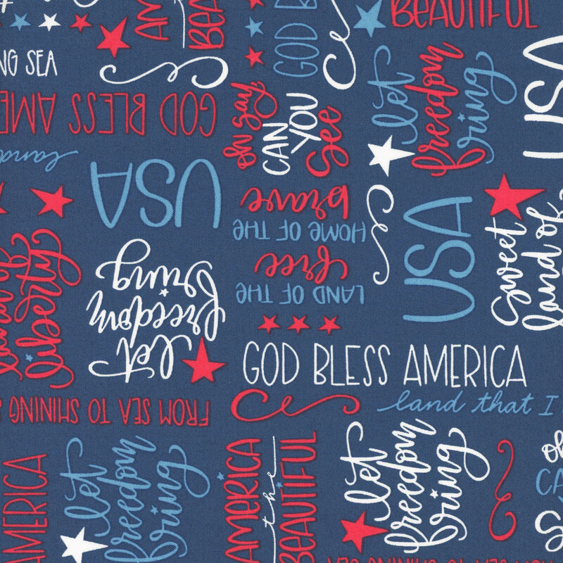 Navy blue fabric with red, white, and blue text saying "USA", "God Bless America", and other patriotic phrases