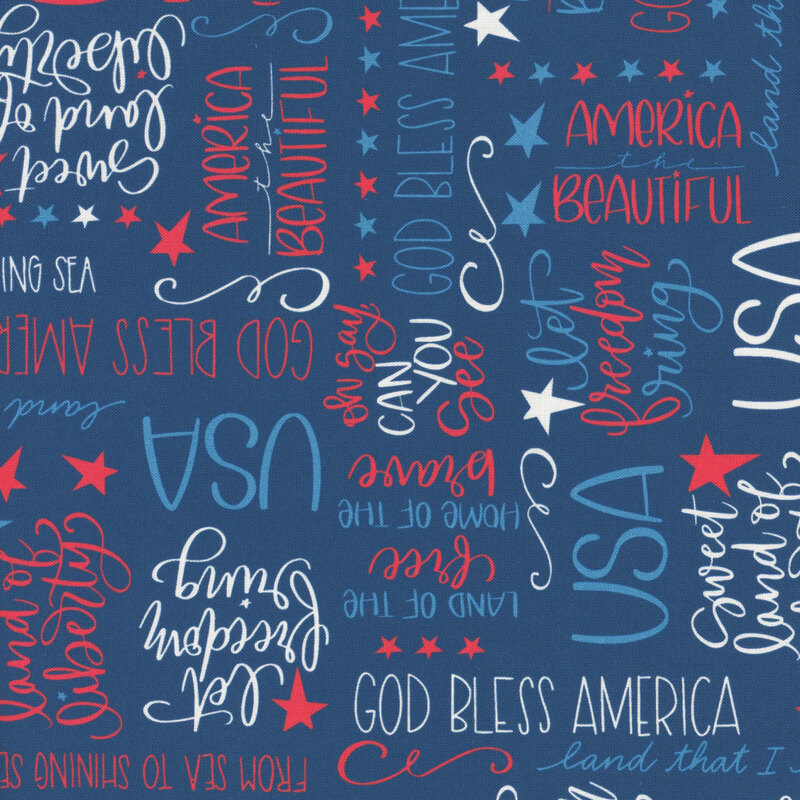 Navy fabric with red, white, and blue text saying "USA", "God Bless America", and other patriotic phrases