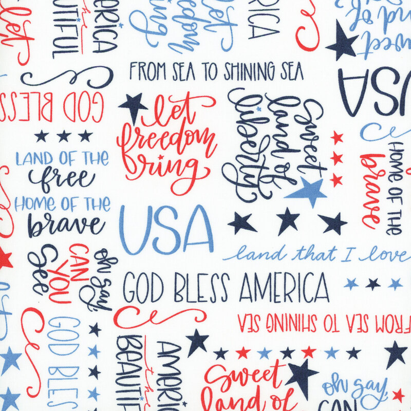 Crisp white fabric with red, navy, and blue text saying "USA", "God Bless America", and other patriotic phrases