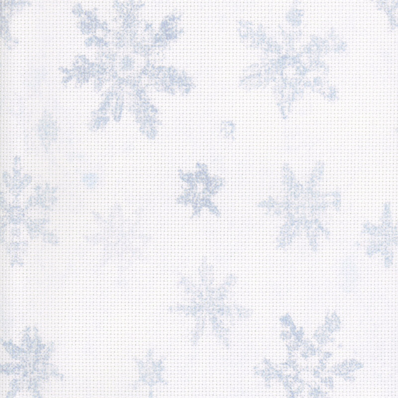 A 8 x 8 scan of 14ct Aida Cloth with a white background with faded blue-grey snowflakes.