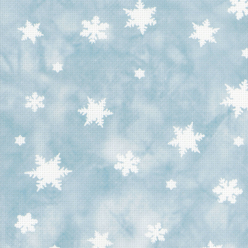 A 8 x 8 scan of 14ct Aida Cloth with a mottled muted blue pattern with white snowflakes.