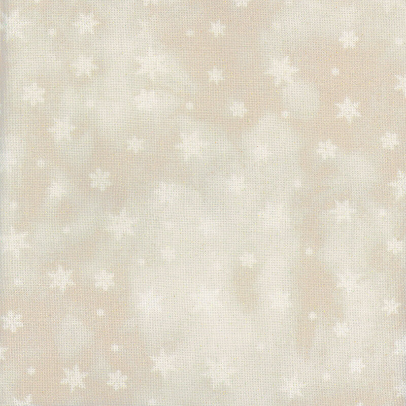 A 8 x 8 scan of 32ct Linen Cloth with a tan print with white snowflakes and gold glitter.  