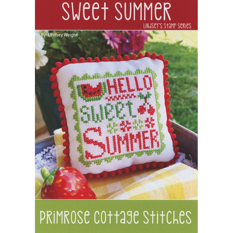 Cross-stitch design featuring Hello Sweet Summer, decorated with strawberries and floral accents.