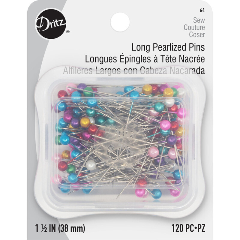 Front image of pearlized pins in their plastic case, packaged with a cardboard label