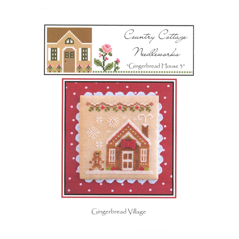 Front image of the "Gingerbread House" pattern featuring a gingerbread house, cookie, and bow by a wine-colored polka dot border.