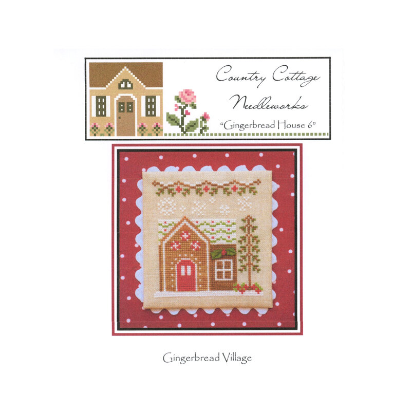 Front image of the "Gingerbread House" pattern featuring a gingerbread house with a holly leaf and peppermints surrounded by a wine-colored polka dot border.