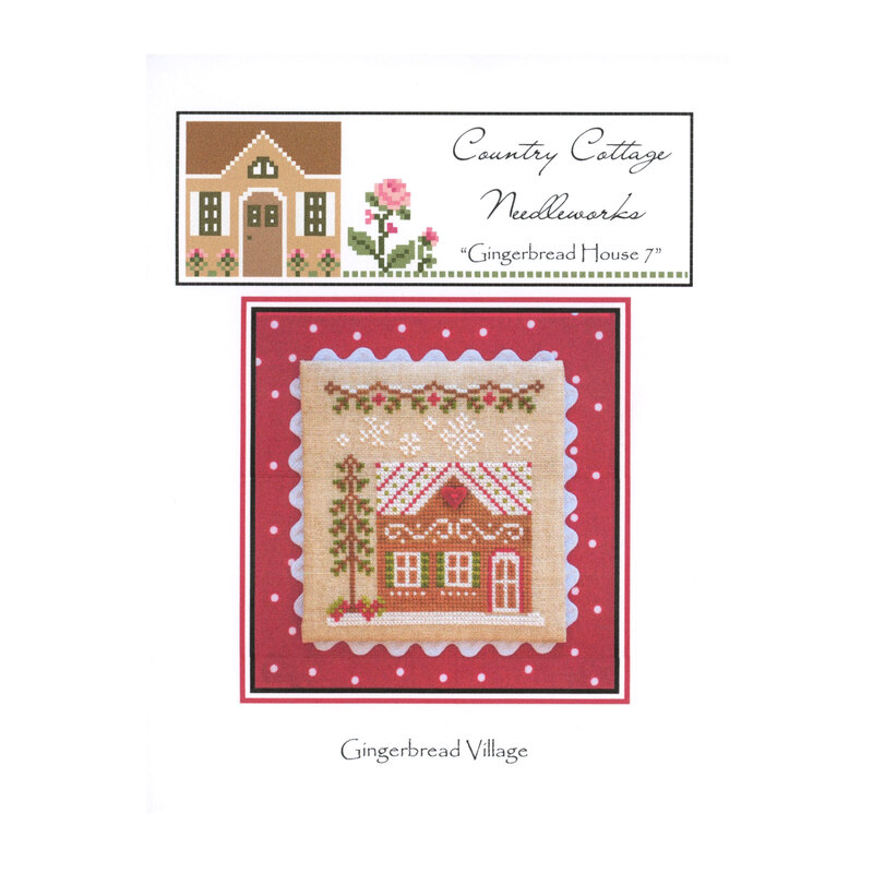 Front image of the "Gingerbread House" pattern featuring a gingerbread house and a pine tree surrounded by a wine-colored polka dot border.