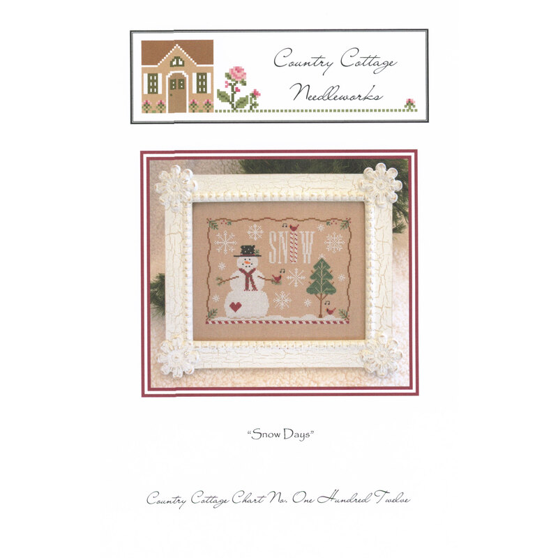 Framed cross-stitch design featuring a snowman, tree, and candy canes with a decorative border.