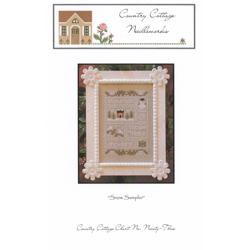 Embroidery pattern titled Snow Sampler featuring a framed winter scene with text blocks.