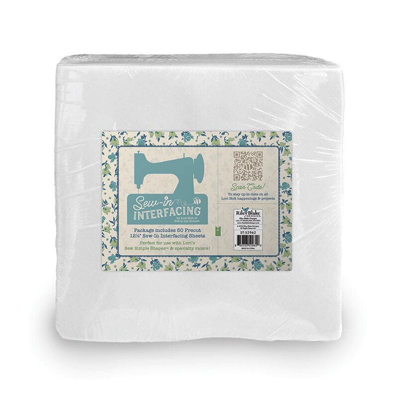White package of sew-in interfacing with a decorative label featuring a sewing machine illustration.