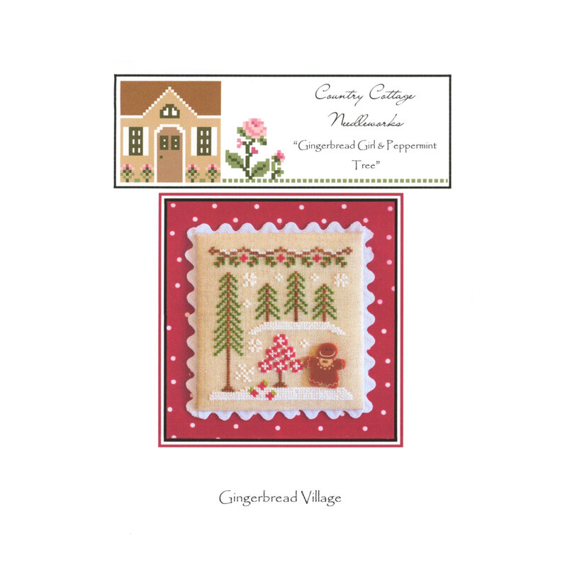 Front image of the "Gingerbread Girl & Peppermint Tree" pattern featuring a gingerbread girl cookie and a peppermint tree, surrounded by a wine-colored polka dot border.