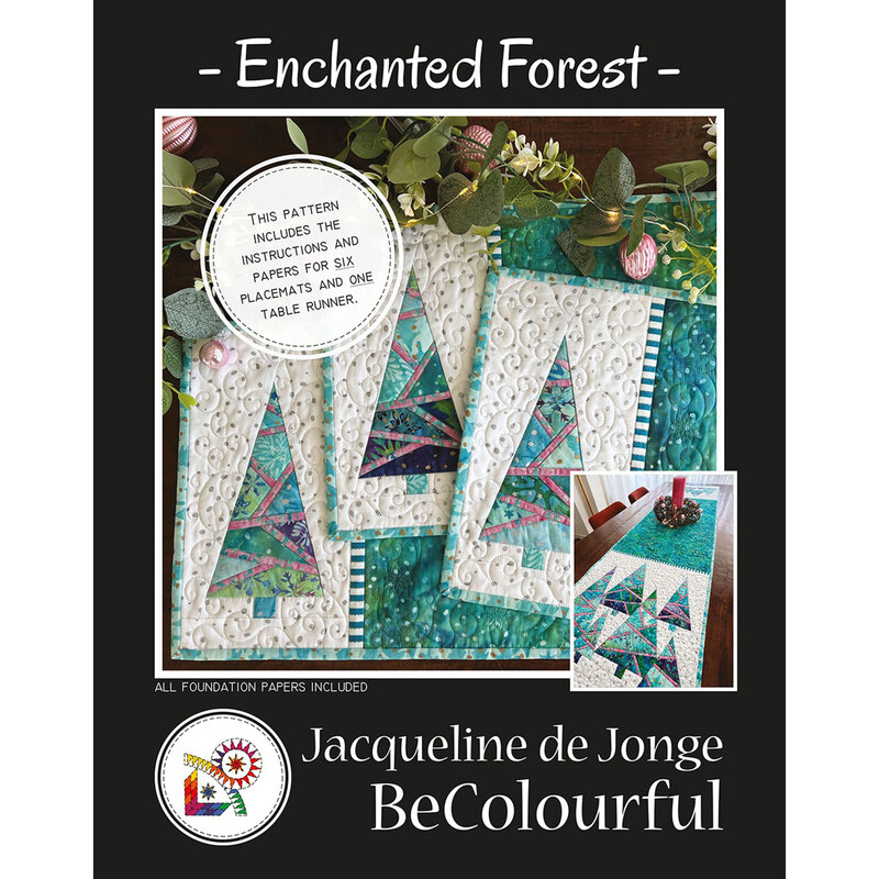 Pattern cover for Enchanted Forest featuring quilted placemats and a table runner in vibrant colors.