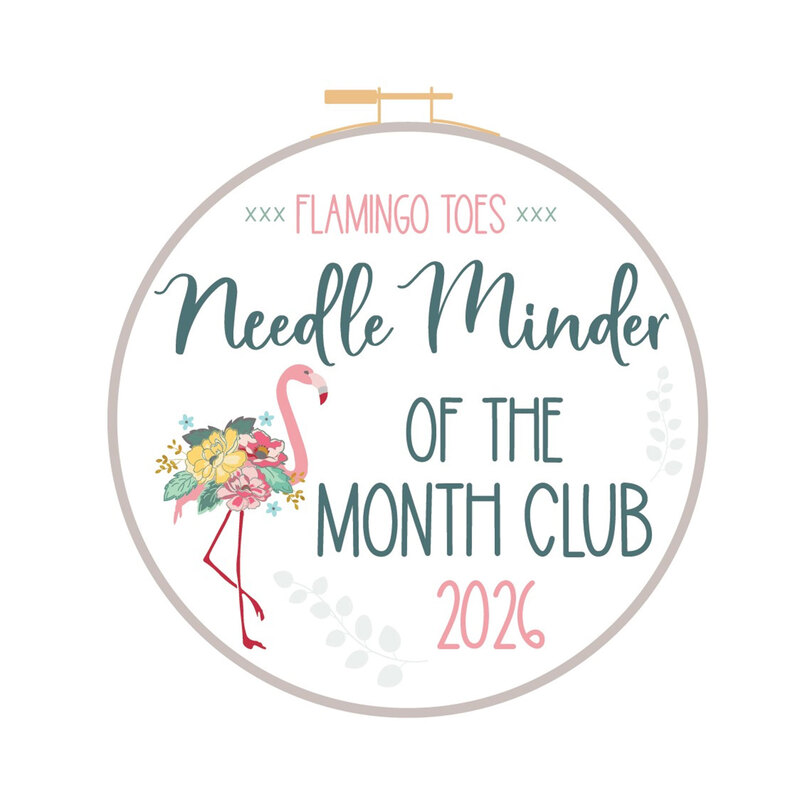 A digital image of an embroidery hoop with the text "Flamingo Toes - Needle Minder of the Month Club" surrounding a flamingo covered in flowers.