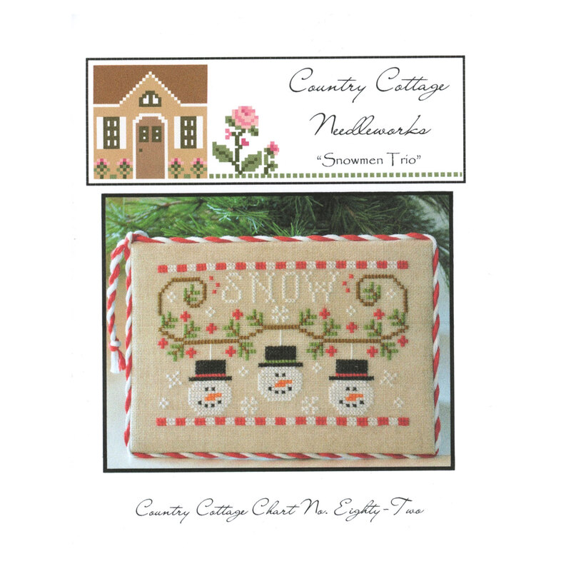 Front image of the "Snowman Trio" pattern featuring three snowman ornaments and the text "snow."