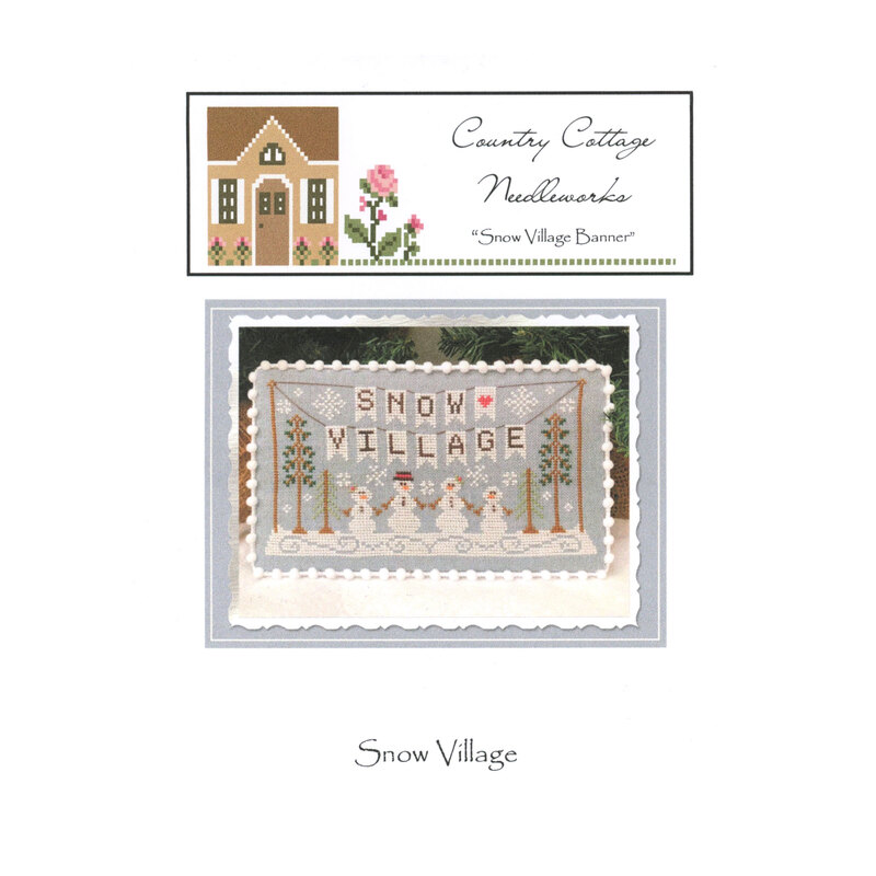 Front image of the "Snow Village Banner" pattern featuring a family of snowmen under a "Snow Village" banner.
