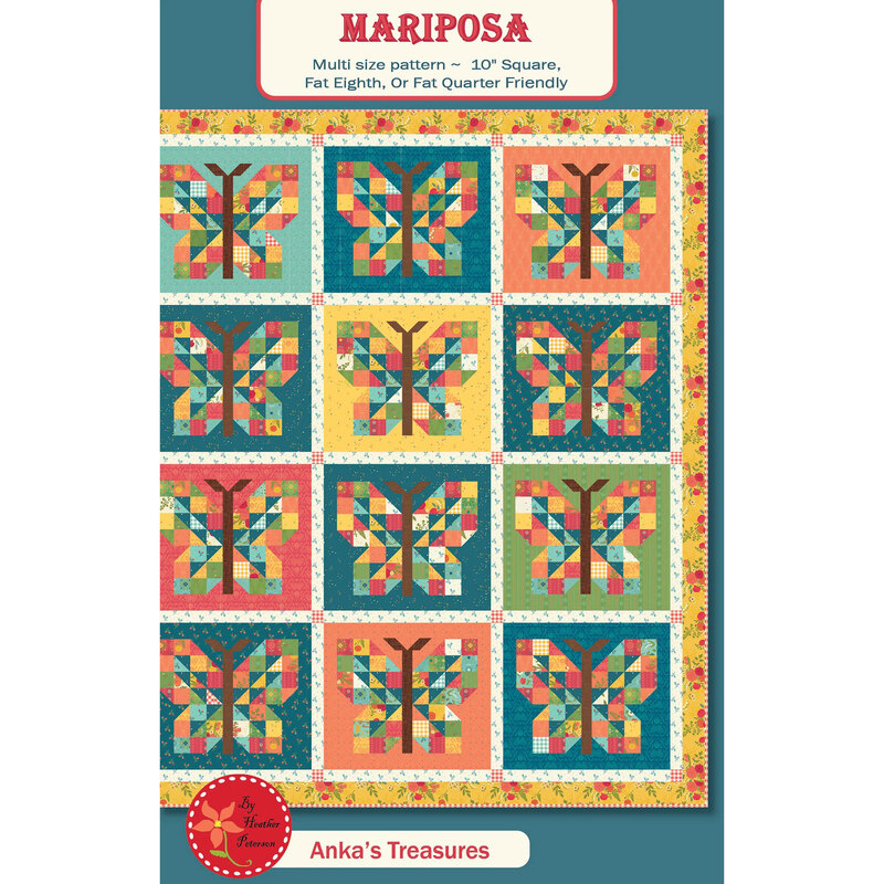 Front of the Mariposa pattern showing a digital image of the completed quilt in summery gold, navy, and orange tones featuring patchwork butterflies, and the title across the top