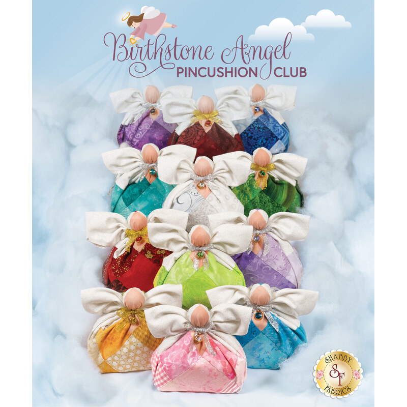 All twelve Birthstone Angels, arranged in rows of three against a cloudy light blue background.