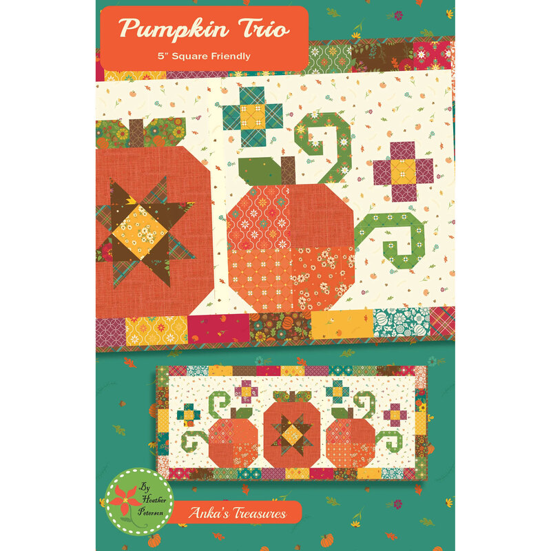 Front of the Pumpkin Trio pattern showing an up close digital image of the completed quilt, as well as the full quilt featuring pumpkins and vines in autumn orange, green, and cream tones, all on a teal green background. An orange banner with the title of the pattern goes across the top of the image. 