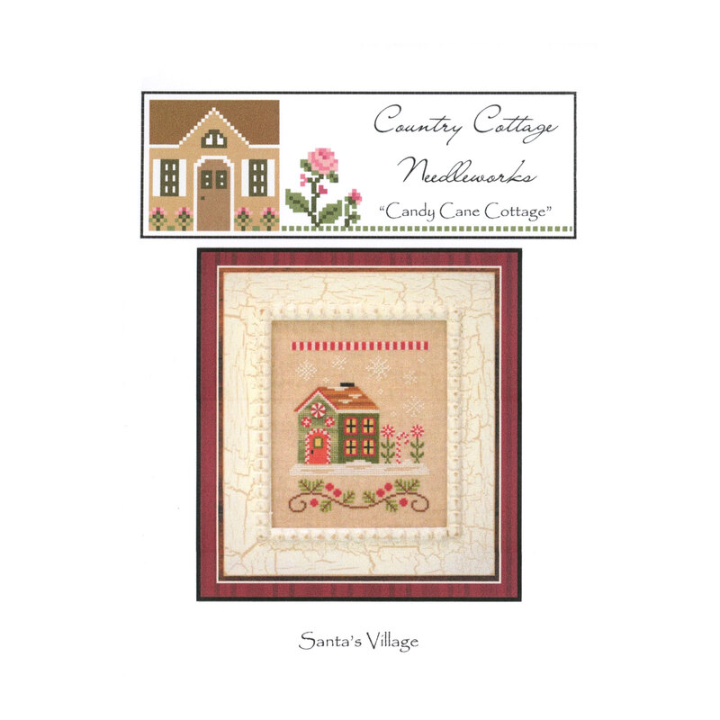 The front image of the "Candy Cane Cottage" cross stitch pattern featuring a cottage with candy cane and peppermint details..