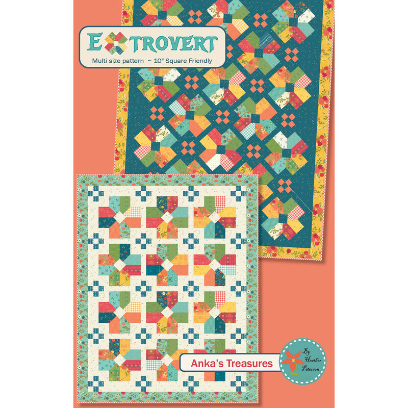 Front of the Extrovert pattern showing digital images of two versions of the completed quilt in summery gold, navy, cream, and turquoise tones featuring geometric designs, on an orange background with the title of the pattern in a banner across the top.