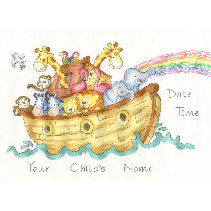 a cross-stitch pattern of a colorful ark with animals, featuring space for a child's name, birth date, and time.