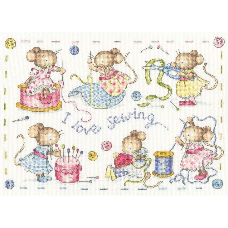 Illustration of cute mice sewing, surrounded by spools of thread and buttons, with I love sewing text.