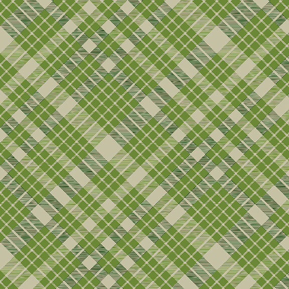 A plaid pattern fabric swatch in hues of olive, hunter, and greige