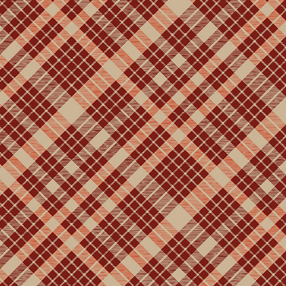 A plaid pattern fabric swatch in hues of mahogany, rusty red, and latte.