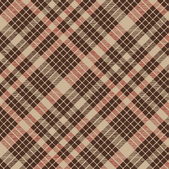 A plaid pattern fabric swatch in hues of dark brown, rust, and latte.