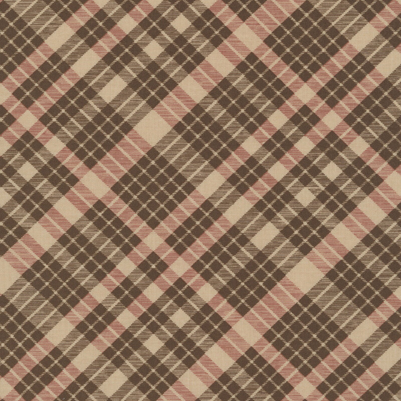 A plaid pattern fabric swatch in hues of dark brown, rust, and latte.