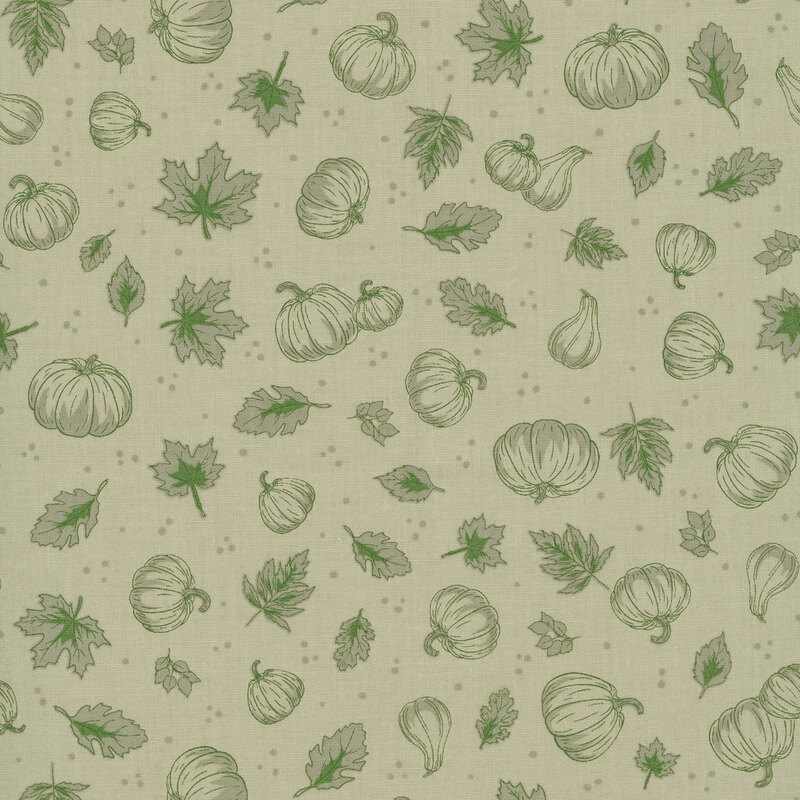 A tonal light sage fabric with a pattern of tossed leaves, pumpkins, and dots.