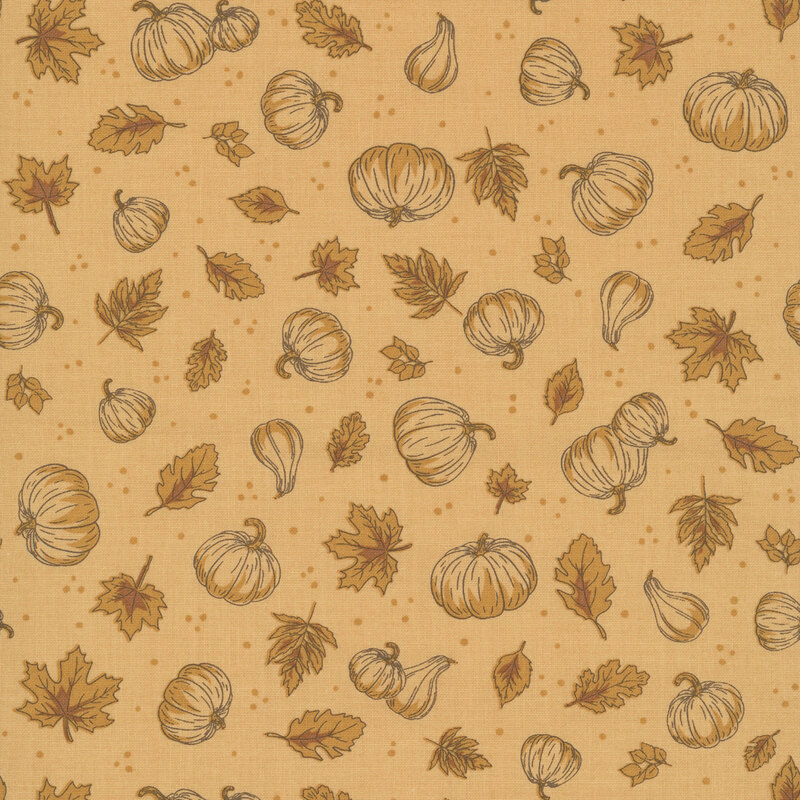 A tonal ocher fabric with a pattern of tossed leaves, pumpkins, and dots.