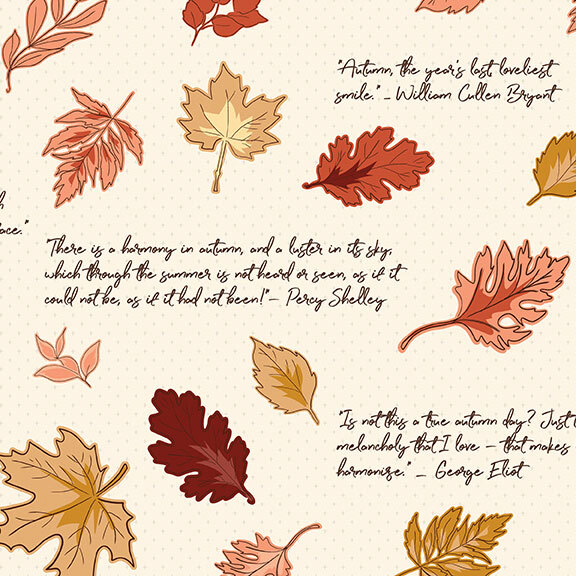 Cream polka dot fabric with quoted text and a mustard and rose toned leaf print.