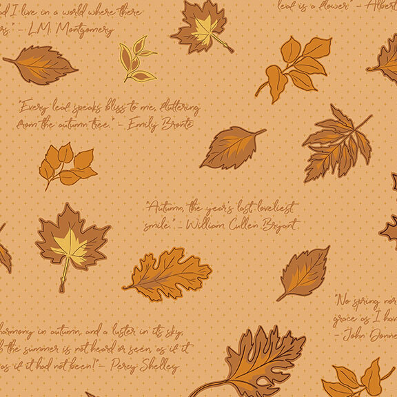 Mustard polka dot fabric with quoted text and a leaf print.