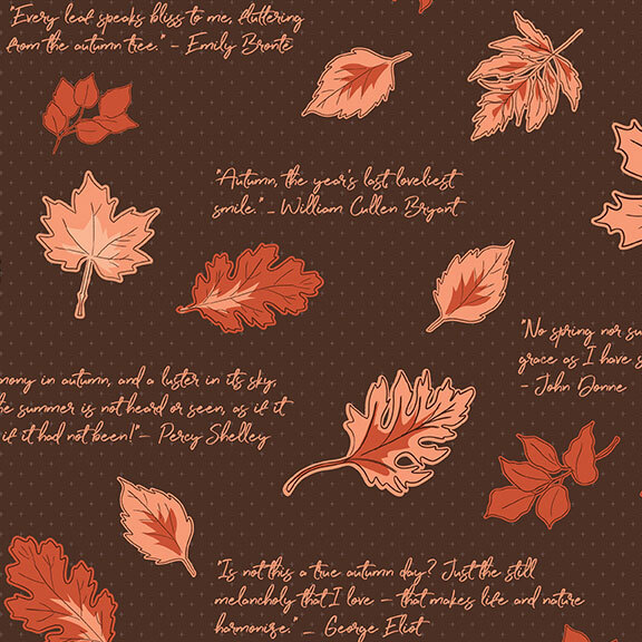 Brown polka dot fabric with quoted text and a peach and rose leaf print.