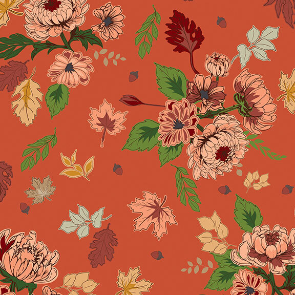 Rust colored fabric with a blush and green, mustard, and rose foliage.