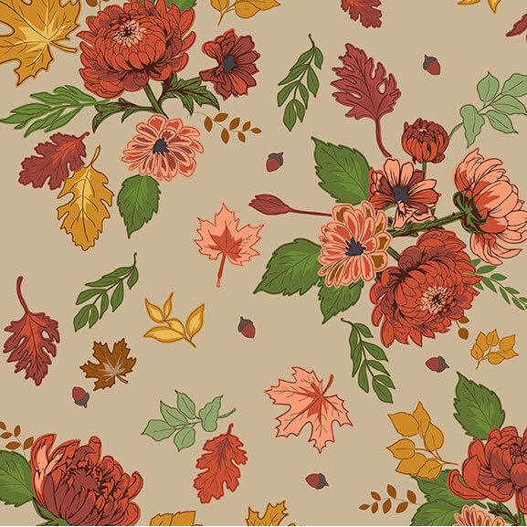 Light taupe fabric with a coral and rose floral pattern and green, mustard, and rose foliage.