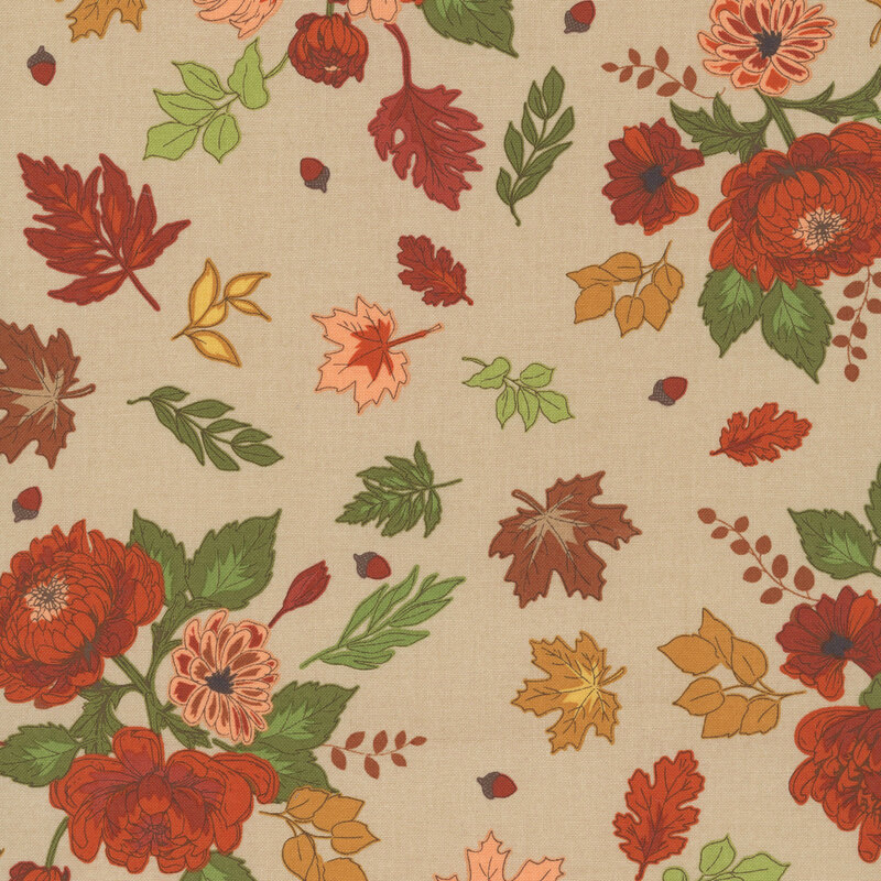 Light taupe fabric with a coral and rose floral pattern and green, mustard, and rose foliage.