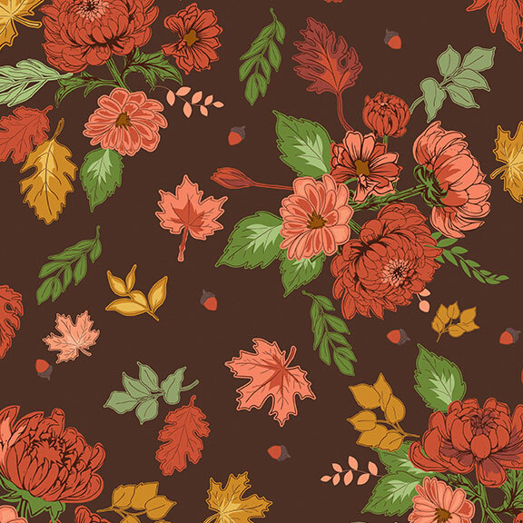 Brown fabric with a blush and rose floral pattern and green, mustard, and rose foliage.