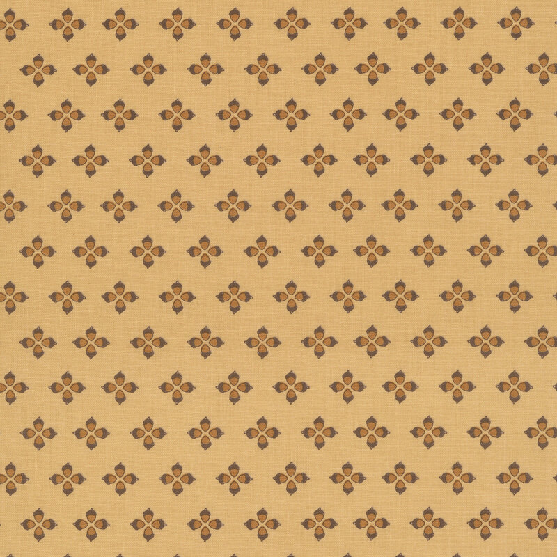 An ocher hued fabric swatch featuring a geometric acorn pattern.