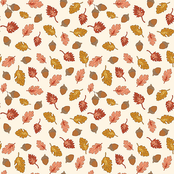 A cream fabric swatch featuring a pattern of tossed acorns and leaves.