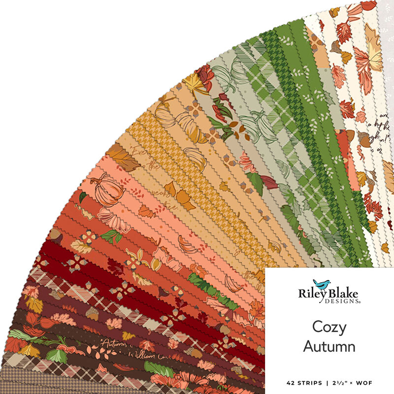A fanned collage of brown, red, yellow, green, and cream fabrics with a Cozy Autumn tag in the center
