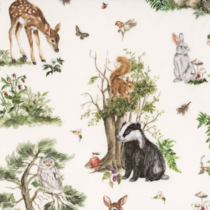 A light eggshell Quilting Cuddle fabric swatch featuring scenes of forest animals, birds, and insects.