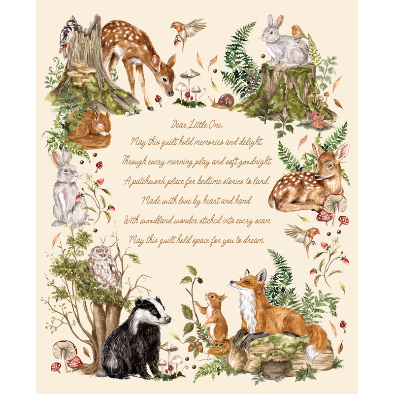 A cream colored Quilting Cuddle panel with a lettered print and a forest animal border.